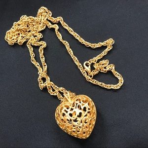 Gold Filigree Puffer Heart with Chain Vintage 1980’s Puffy Laser-Cut Puffy Heart